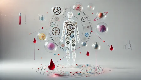 Ilustración minimalista de la edad biológica representada por una silueta humana con engranajes y gotas de sangre, analizada por inteligencia artificial
