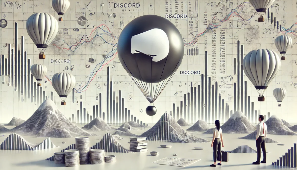 Imagen surrealista de Discord representando su salida a bolsa con gráficos financieros y un globo aerostático.