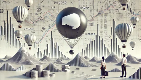 Imagen surrealista de Discord representando su salida a bolsa con gráficos financieros y un globo aerostático.