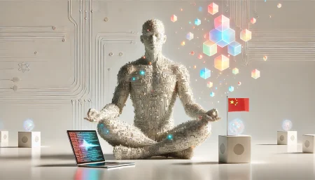 Imagen conceptual minimalista que representa a DeepSeek V3, un modelo de inteligencia artificial desarrollado en China. La figura humana hecha de circuitos simboliza el poder computacional del modelo, mientras que los datos flotantes reflejan su capacidad para procesar información. Ideal para artículos sobre IA, tecnología china y modelos de lenguaje avanzados.