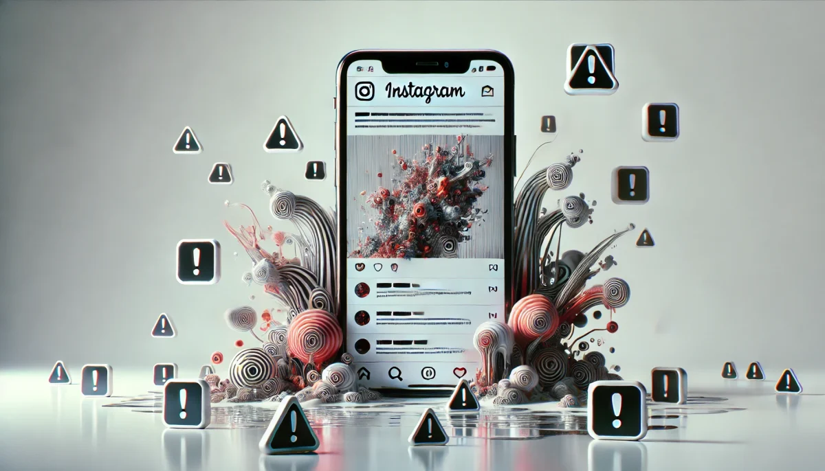 Representación visual del error en el algoritmo de Instagram, mostrando Reels con contenido explícito y violento de forma inesperada.