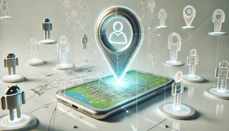 Ilustración digital minimalista y surrealista sobre la nueva función de Find My Device en Android. Un teléfono flotante muestra un pin de ubicación luminoso sobre una cuadrícula de mapa, con figuras humanas geométricas conectadas por líneas digitales, representando el rastreo de ubicación en tiempo real.