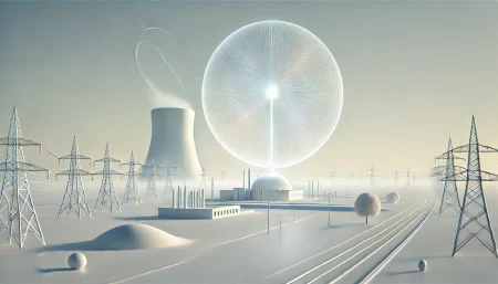 Imagen conceptual y minimalista que representa la transición energética de Alemania con un reactor de fusión nuclear futurista en Biblis. El fondo blanco y los elementos sencillos reflejan la innovación científica y el cambio hacia una energía limpia y sostenible.