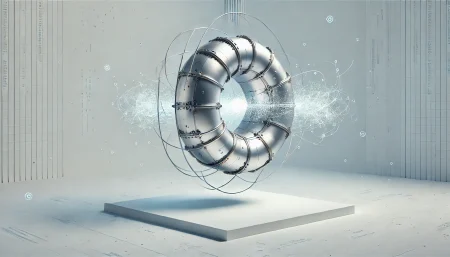 Ilustración digital minimalista con fondo blanco que representa un reactor tokamak flotante, rodeado de patrones abstractos que simbolizan inteligencia artificial. La imagen evoca la unión entre la energía de fusión nuclear y la IA en un estilo surrealista y futurista.