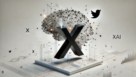 Ilustración digital surrealista y minimalista que representa la fusión entre xAI y X (antes Twitter). Una figura en forma de X se transforma en una red neuronal sobre fondo blanco, con símbolos de redes sociales como burbujas de chat y aves, simbolizando la integración de inteligencia artificial con datos sociales. Imagen conceptual, limpia y futurista.