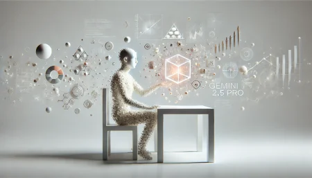 Ilustración conceptual sobre inteligencia artificial con estilo minimalista. Un ente geométrico interactúa con flujos de datos en un entorno limpio y futurista, simbolizando las capacidades de razonamiento multimodal de Gemini 2.5 Pro.
