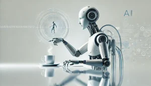 Robot futurista controlado por IA levantando una taza con precisión, destacando la destreza y la inteligencia artificial aplicada a la robótica.