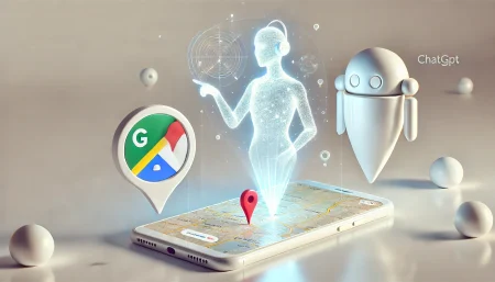 Imagen surrealista y minimalista que representa la integración de Gemini, el asistente de inteligencia artificial de Google, con Google Maps en un teléfono móvil Android. En la escena, un asistente holográfico interactúa con un mapa digital, mientras ChatGPT observa desde un segundo plano, simbolizando la diferencia de integración entre ambas IA.