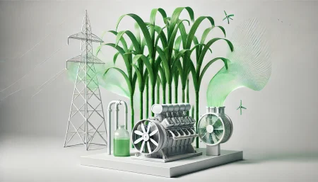 Ilustración minimalista y subrealista de un generador moderno alimentado por caña de azúcar, simbolizando la producción de electricidad a partir de etanol. Fondo blanco, líneas limpias, energía verde y sostenibilidad.