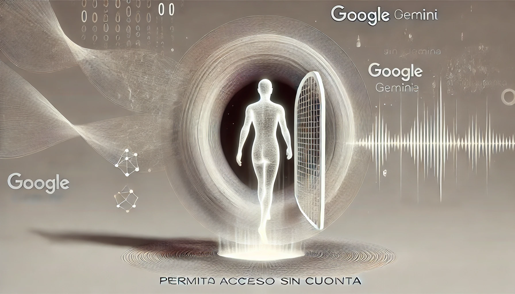 Ilustración surrealista y minimalista representando el acceso sin cuenta a Google Gemini. Una figura humana abstracta con un portal digital en su pecho simboliza la apertura de la IA sin necesidad de iniciar sesión. Elementos sutiles de conectividad flotan en el fondo blanco, evocando el libre acceso a la inteligencia artificial.