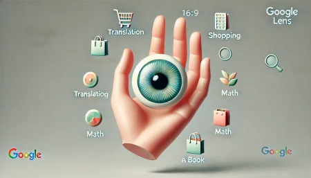 Ilustración minimalista y surrealista que representa cómo Google Lens transforma el teléfono en una herramienta de búsqueda visual. Un ojo con lente de cámara flota sobre una mano abierta, rodeado de íconos que simbolizan traducción, compras, naturaleza, aprendizaje y resolución de problemas. Fondo blanco y estética tecnológica moderna.