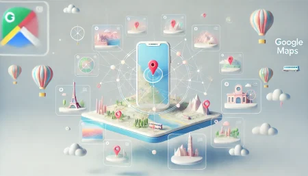 Imagen conceptual surrealista y minimalista que muestra cómo Google Maps utiliza inteligencia artificial para escanear capturas de pantalla y crear rutas de viaje personalizadas, con un móvil flotante, mapas y referencias visuales de destinos turísticos.