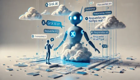 Ilustración surrealista y minimalista de Grok AI respondiendo en la plataforma X. El chatbot holográfico azul interactúa con usuarios digitales, representando la inteligencia artificial en la red social.