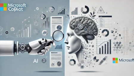 Ilustración digital minimalista con fondo blanco que representa las herramientas de inteligencia artificial Researcher y Analyst de Microsoft Copilot. Una mano robótica analiza documentos flotantes, mientras un cerebro digital interpreta hojas de cálculo, simbolizando el análisis de datos empresariales con IA.
