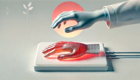 Ilustración surrealista minimalista del experimento de la ilusión de la mano de goma, donde una mano real se fusiona con una mano de goma iluminada en rojo, representando cómo el cerebro puede reducir la percepción del dolor mediante estímulos visuales sincronizados. Fondo blanco, estilo clínico y conceptual, ideal para contenidos sobre neurociencia, percepción corporal y manejo del dolor sin