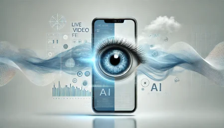 Imagen surrealista y minimalista que representa un teléfono móvil con inteligencia artificial de Google Gemini, capaz de ver la pantalla y la cámara en tiempo real, con elementos abstractos que simbolizan la conectividad y el procesamiento de datos visuales.