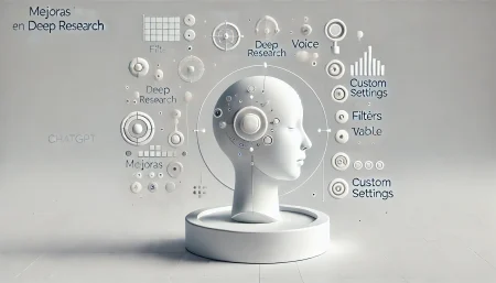 Imagen conceptual surrealista y minimalista sobre fondo blanco, que representa las principales mejoras propuestas para la función Deep Research de ChatGPT, incluyendo filtros, tablas, audio y personalización.