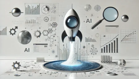 Imagen conceptual y minimalista que representa el ascenso de Perplexity, una startup de buscador con inteligencia artificial, simbolizado por un cohete con forma de lupa despegando entre datos y circuitos digitales sobre fondo blanco. Ideal para temas de IA, startups tecnológicas y evolución en la búsqueda web.