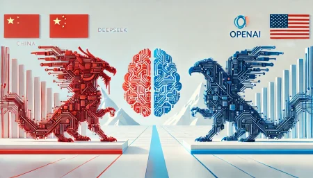 Ilustracion-surrealista-minimalista-de-la-carrera-de-inteligencia-artificial-entre-China-y-Estados-Unidos-representando-a-DeepSeek-y-OpenAI