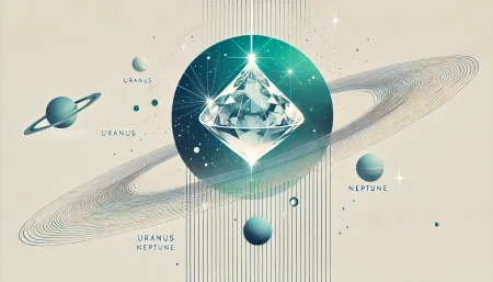 Imagen conceptual que representa la teoría científica de la lluvia de diamantes en Urano y Neptuno, con una gota de agua que se transforma en diamante bajo condiciones extremas. Estilo minimalista y fondo blanco para destacar el proceso químico del agua superácida.