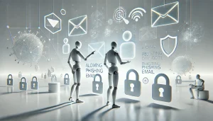 Ilustración conceptual minimalista y surrealista que representa agentes de inteligencia artificial apoyando equipos de ciberseguridad, con símbolos de phishing, protección de datos y automatización adaptativa, ideal para contenidos sobre Microsoft Security Copilot.