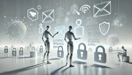 Ilustración conceptual minimalista y surrealista que representa agentes de inteligencia artificial apoyando equipos de ciberseguridad, con símbolos de phishing, protección de datos y automatización adaptativa, ideal para contenidos sobre Microsoft Security Copilot.