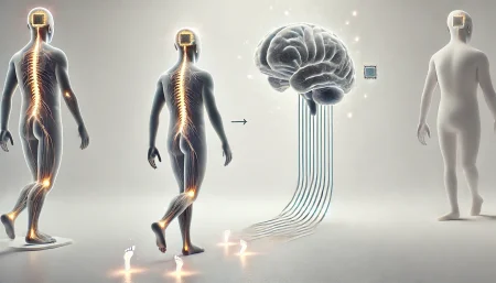 Ilustración minimalista de un implante cerebro-espinal que ayuda a personas con parálisis a caminar gracias a la neurotecnología desarrollada en China. ¿Quieres que la usemos como cabecera del artículo en Canva o prefieres que cree una portada con título incluido?