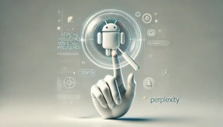 Ilustración subrealista y minimalista de fondo blanco que representa un dedo humano interactuando con una burbuja de datos flotante, simbolizando la función de búsqueda visual con inteligencia artificial en apps móviles como Perplexity en Android.