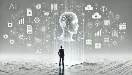 Ilustración minimalista en fondo blanco que representa cómo la inteligencia artificial accede a documentos y datos internos de una empresa. Una figura humana frente a un cubo flotante conectado a una cabeza robótica simboliza la interacción entre ChatGPT y fuentes corporativas.