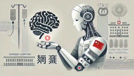 Ilustración subrealista y minimalista de un robot con insignias militares chinas sosteniendo un chip en forma de cerebro, simbolizando el uso de inteligencia artificial en el ejército chino, con fondo blanco y estética futurista. Ideal para contenidos sobre IA militar, DeepSeek y tecnología en defensa.