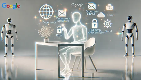 Imagen conceptual sobre el uso de inteligencia artificial en entornos gubernamentales. Representa a Gemini de Google Workspace operando en un entorno seguro con certificación FedRAMP High, ideal para artículos sobre seguridad en la nube, IA y administración pública digital.