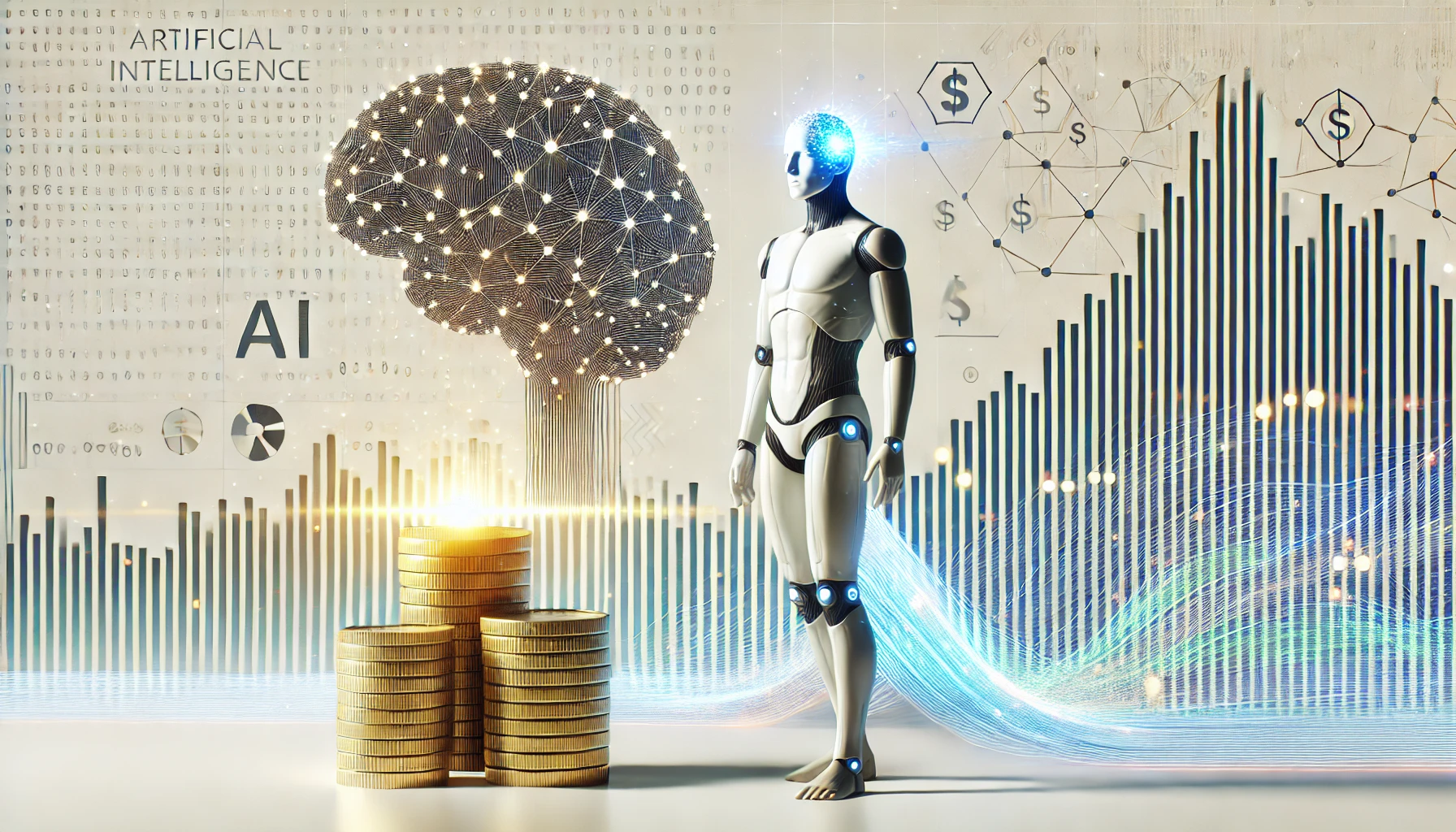 Representación minimalista y surrealista de la inversión en IA con un humanoide y monedas, simbolizando el crecimiento tecnológico y financiero.