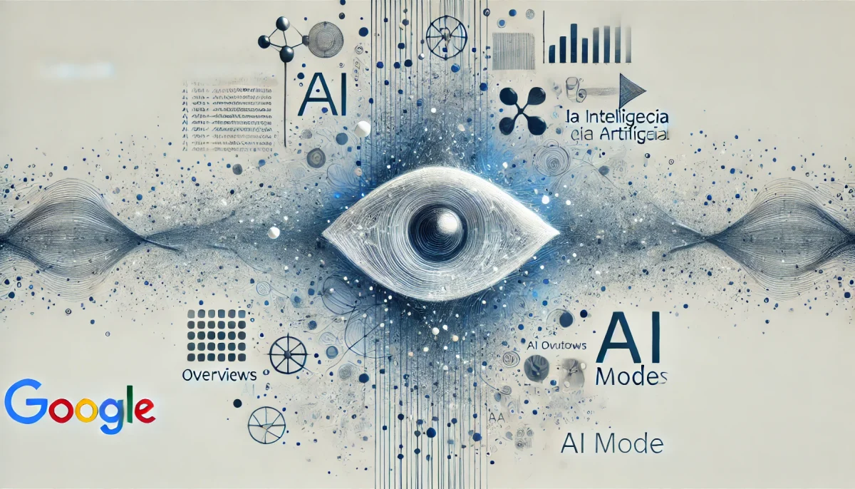 Representación visual de la inteligencia artificial en la búsqueda de Google, con un diseño minimalista y surrealista.