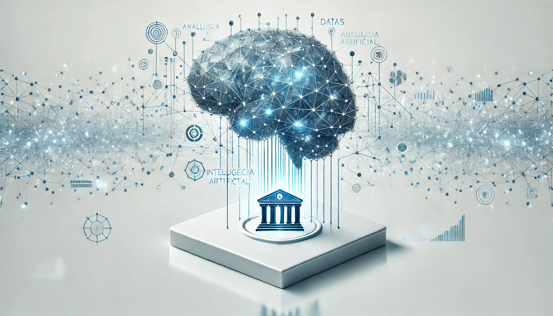 Imagen surrealista de inteligencia artificial en el sector financiero con un cerebro digital y conexiones de datos.