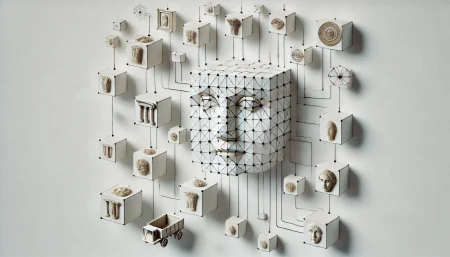 Ilustración de inteligencia artificial organizando datos de museos con cubos flotantes y redes neuronales.