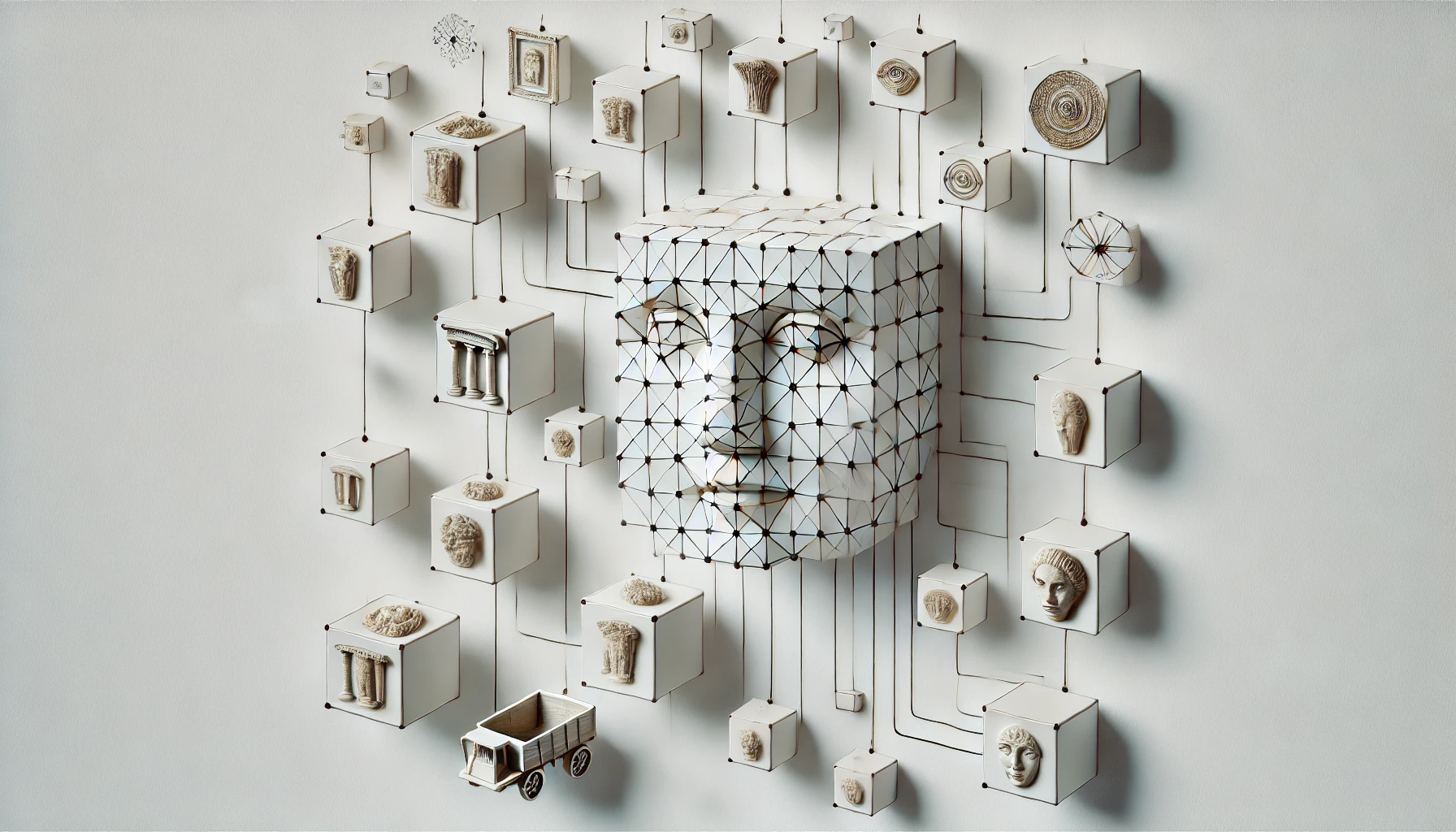 Ilustración de inteligencia artificial organizando datos de museos con cubos flotantes y redes neuronales.