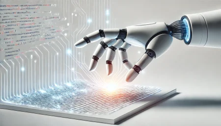 "Representación surrealista de la inteligencia artificial asistiendo en la programación con una mano robótica sobre un flujo de código brillante."