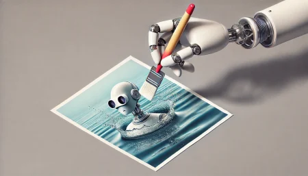 Ilustración minimalista de un brazo robótico eliminando una marca de agua con IA.