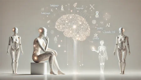 Ilustración surrealista y minimalista de inteligencia artificial Claude AI analizando su propio funcionamiento interno. Imagen con fondo blanco, figura abstracta y cerebro holográfico, simbolizando la comprensión de modelos de lenguaje.