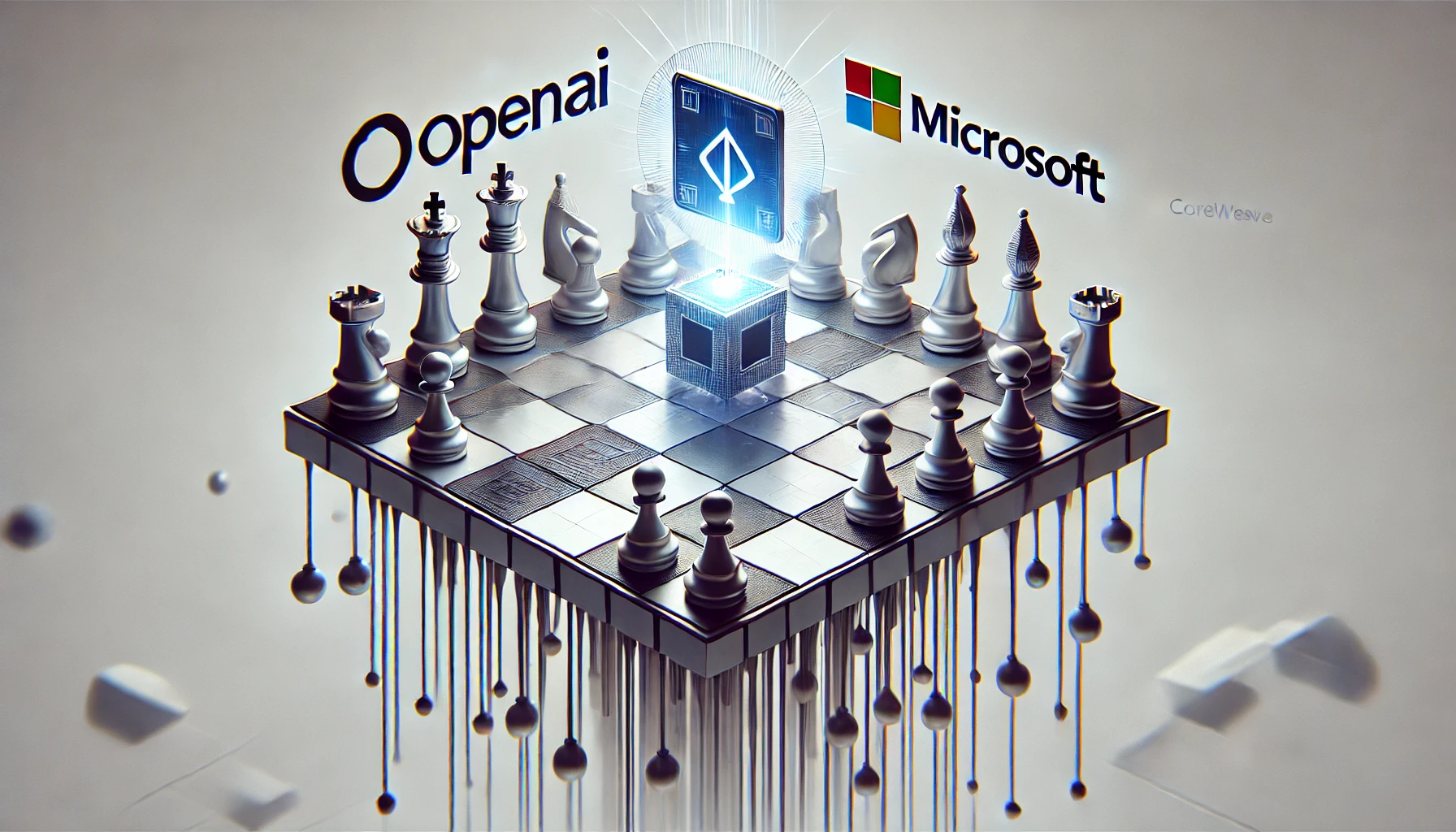 Ilustración surrealista de la inversión de OpenAI en CoreWeave con fichas tecnológicas en un tablero de ajedrez flotante.