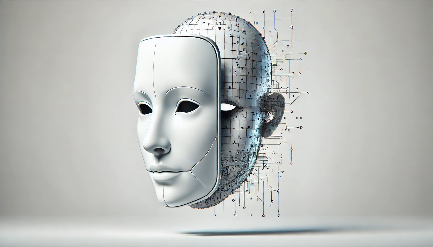 Ilustración de un rostro robótico con una máscara que se levanta, mostrando circuitos y datos, representando la capacidad de la inteligencia artificial para mentir.