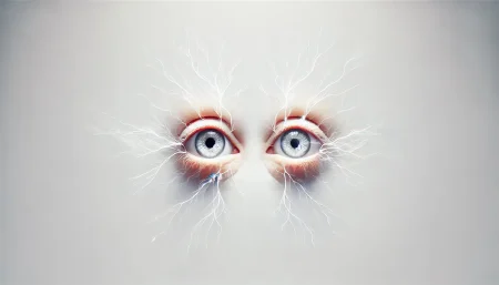 Imagen surrealista de ojos flotantes con conexiones neuronales que se desvanecen, representando la relación entre la visión y la demencia.