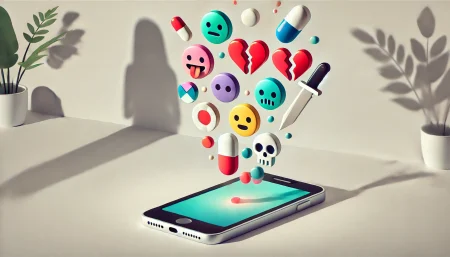 Ilustración surrealista de emojis que se transforman en símbolos peligrosos saliendo de un móvil, con figura parental difuminada al fondo