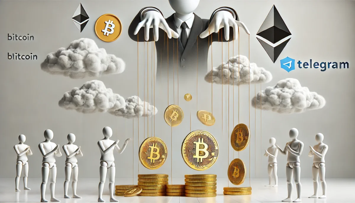 Ilustración digital surrealista y minimalista que representa la manipulación del mercado de criptomonedas mediante esquemas organizados en Telegram. Un titiritero sin rostro mueve monedas como Bitcoin con hilos dorados, rodeadas de burbujas de mensajes fantasmales, en un fondo blanco limpio.