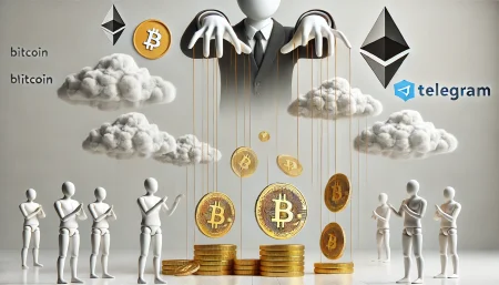 Ilustración digital surrealista y minimalista que representa la manipulación del mercado de criptomonedas mediante esquemas organizados en Telegram. Un titiritero sin rostro mueve monedas como Bitcoin con hilos dorados, rodeadas de burbujas de mensajes fantasmales, en un fondo blanco limpio.