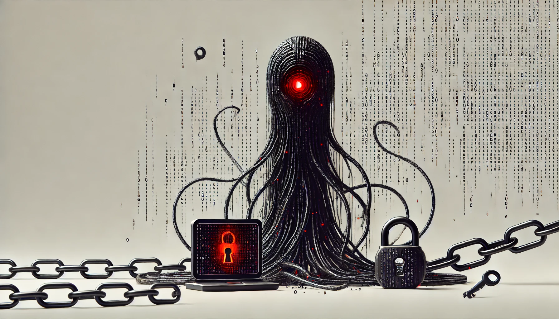 Ilustración surrealista de un ciberdelincuente robótico con cadenas digitales y una computadora bloqueada, simbolizando el ransomware Medusa.