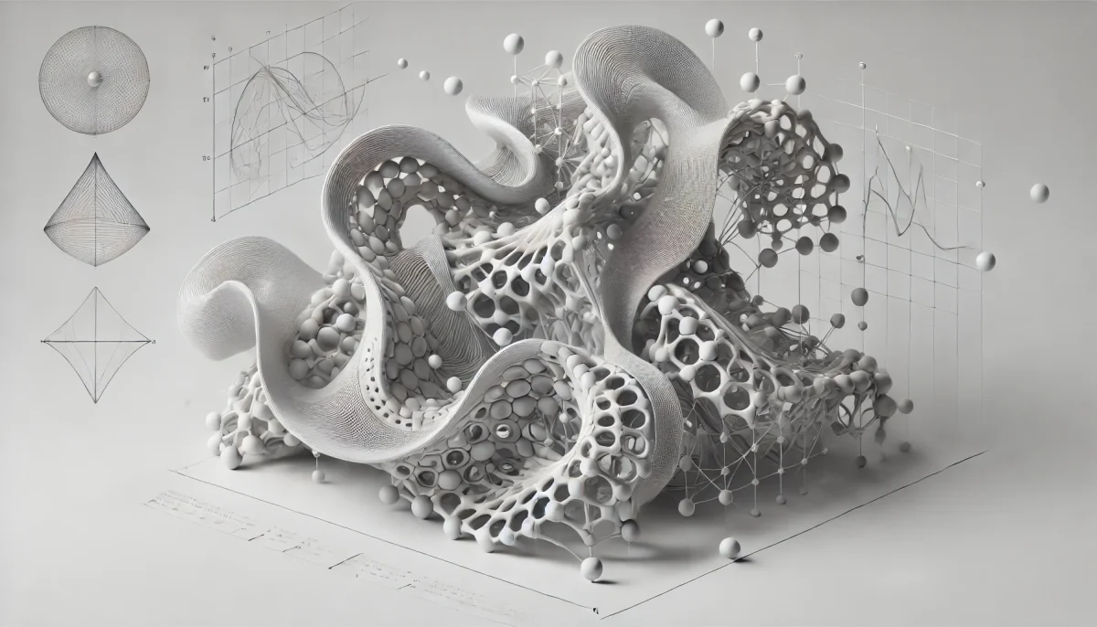 Estructura abstracta flexible con líneas matemáticas flotantes, ilustrando el modelado computacional de materiales blandos con Morpho