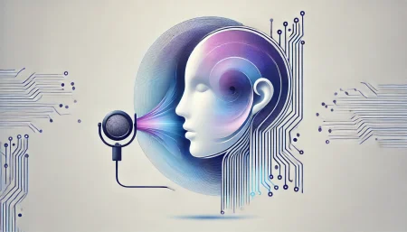 Imagen conceptual en estilo minimalista y subrealista que representa los modelos de voz de OpenAI. Muestra un rostro abstracto fusionado con ondas de sonido, un altavoz y un micrófono, destacando las funciones de transcripción y síntesis de voz por inteligencia artificial.