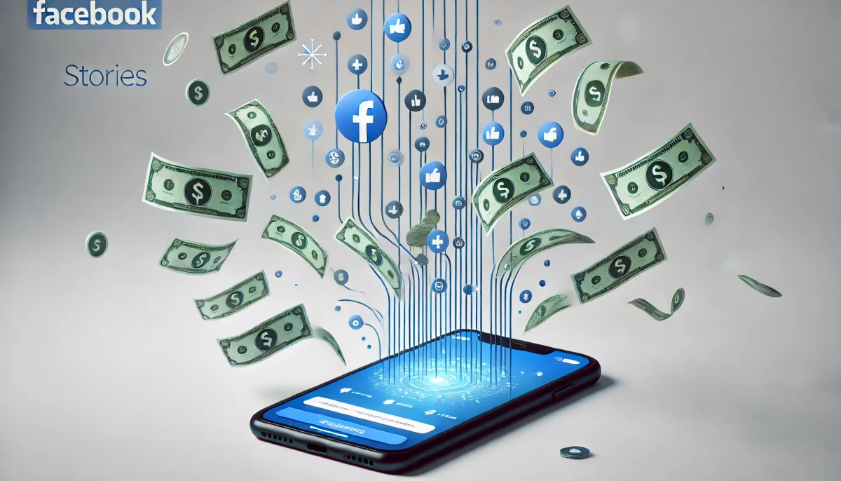 Imagen minimalista sobre la monetización de Facebook Stories con un teléfono flotante y billetes digitales.