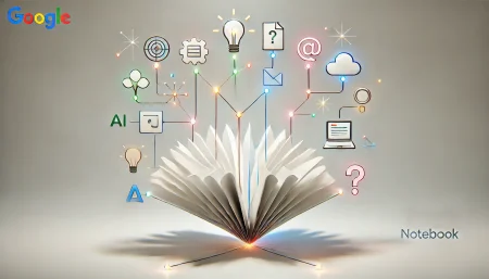 Ilustración surrealista y minimalista que representa el concepto de mapas mentales generados con inteligencia artificial en Google NotebookLM, usando un papel digital desplegable con íconos conectados que simbolizan ideas organizadas automáticamente.